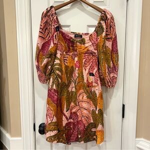 Kourt Tropical animal and birds print short dress balloon sleeves pockets zipper